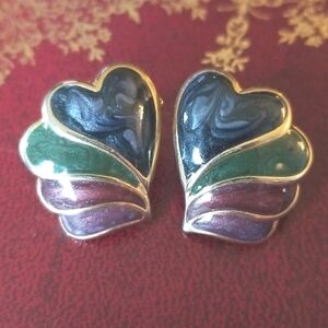 Vintage layered hearts enameled pierced post earrings. Mermaid